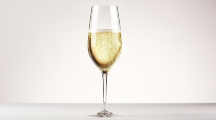 Isolated closeup of a glass of champagne or sparkling white wine on a white background