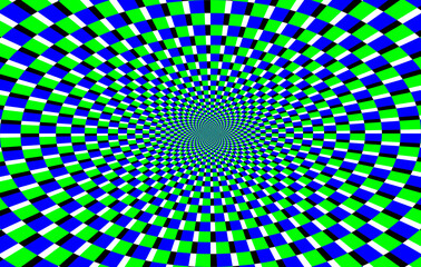 Geometryczne ruchome kwadraty - iluzja optyczna, złudzenie. Kolisty graficzny układ kwadratów w kolorach niebieskim i zielonym zbiegających się w centrum, tło - obrazy, fototapety, plakaty