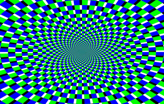 Geometryczne ruchome kwadraty - iluzja optyczna, złudzenie. Kolisty graficzny układ kwadrat&oacute;w w kolorach niebieskim i zielonym zbiegających się w centrum, tło