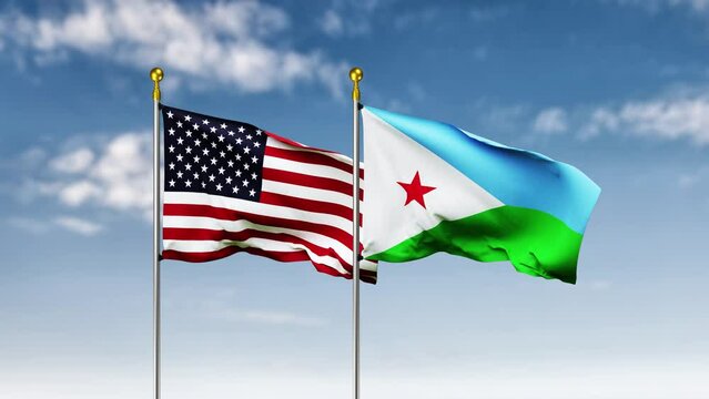 Djibouti and USA flags waving against together