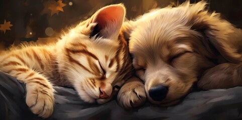 Cute Golden Retriever puppy and tabby kitten sleeping together, 3D rendering, Generative AI illustrations.