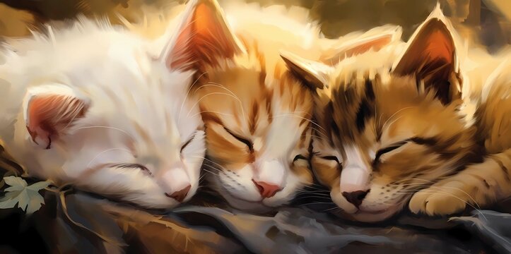 Two kittens sleeping on a brown background, Digital painting, 3D rendering, Generative AI illustrations.