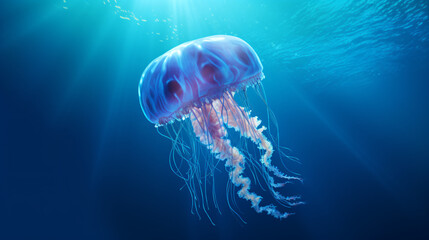  A jellyfish floating in the water with a blue background