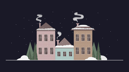 Winter flat landscape. Snowy Christmas city street with old buildings, snowdrifts, falling snow and fir trees. New Year and Christmas vector background.