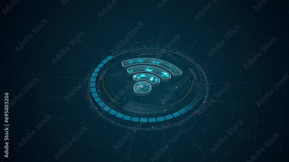 Poster motion graphic of blue digital wifi logo and 3d circle futuristic hud elements with data transfer an