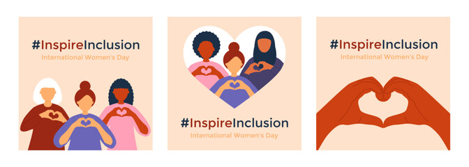 Women hold their hands in the shape of a heart. Inspire inclusion.International Women's Day. Set of square social media posters.Vector illustration.