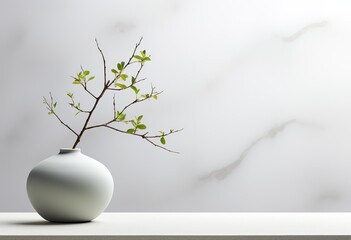 Elegant still life composition with flowering branch, marble bowl and spheres on textured background