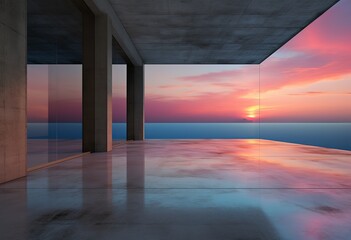 Sunset Reflections: A breathtaking view of a vibrant sunset reflected on the glossy floor and glass windows of a modern building