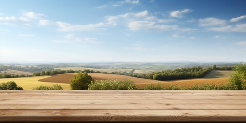 A Wooden Platform overlooking Beautiful agriculture farm Scenery, Serene view, mockup with copy space, harvest, Farming, Growing