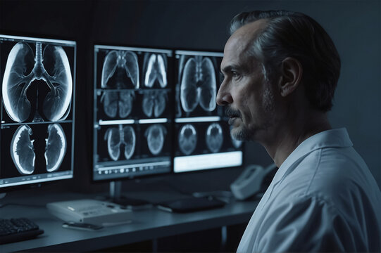 A neurosurgeon in a green coat looks at MRI images of a person's brain.