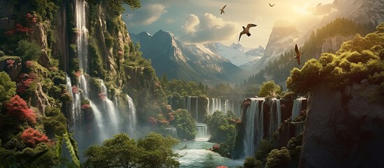 Painting of a beautiful waterfall with a river below - obrazy, fototapety, plakaty