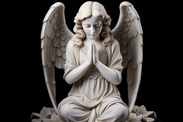Angel sculpture with hands clasped in prayer, setting a tone of spiritual reverence and tranquility.