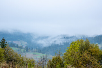 Very Thick Fog over the Forested Carpathians Mountains