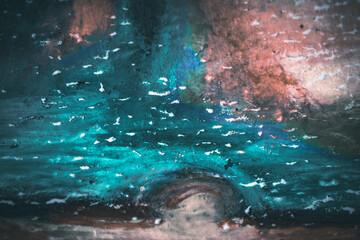 テクスチャー　背景　アブストラクト　海　粗い表面　クレヨン　抽象　暗い　深海　空　オイルパステル　絵画　絵 - obrazy, fototapety, plakaty