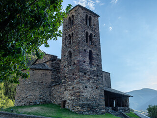 Fototapeta na wymiar Sant Joan de Caselles in Canillo: Late 12th-century church tower bell famed for Andorra's religious Romanesque architecture beauty