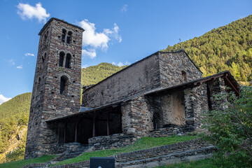 Fototapeta na wymiar Sant Joan de Caselles in Canillo: Romanesque church, late 12th century tower bell celebrated for Andorran religious architectural charm