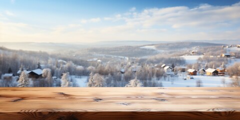 A Wooden Platform overlooking Beautiful rural snow village Scenery, Serene view, mockup with copy space, Countryside Landscape