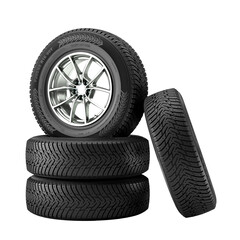 snow tyres stacked on a white background.
