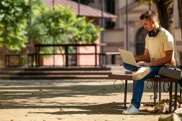Short-haired young guy sitting under the tree and working on a laptop