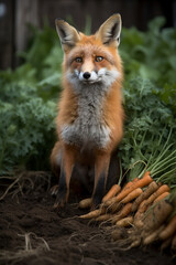 Naklejka na ściany i meble fox and many carrots created with Generative Ai