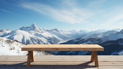 A Wooden Platform overlooking Beautiful snow mountain Scenery, Serene view, mockup with copy space