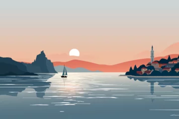 Rollo Beautiful landscape of a bay with a sailboat and a sea town against the backdrop of mountains and a stunning sunset. A beautiful coastal town with an amazing sunset. Vector illustration for design. © LoveSan