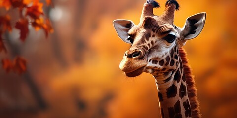 Obraz premium Giraffe's head rises elegantly against a canvas of autumn leaves.