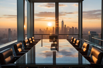 Meeting table in an office on the upper floors of a skyscraper at sunset - obrazy, fototapety, plakaty