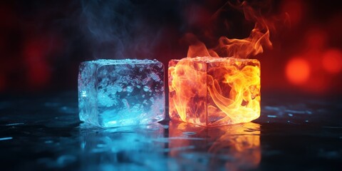Two cubes embody fire and ice, contrasting energy and calm. - obrazy, fototapety, plakaty