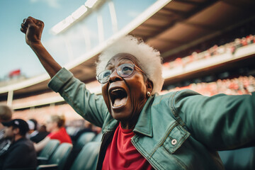 The old lady at the stadium sports event competition cheering. Generative ai image
 - obrazy, fototapety, plakaty