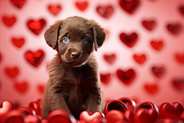 Lagotto Romagnolo Puppy with Red Heart-Shaped Decorations and Dreamy Bokeh Background. Valentine day - obrazy, fototapety, plakaty
