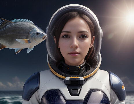 A cryptic portrait of female in a space suit in a cosmic setting with fish floating around her