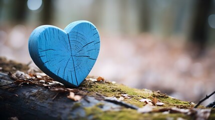 Close up of a sky blue wooden Heart in a calm Forest. Blurred natural Background
