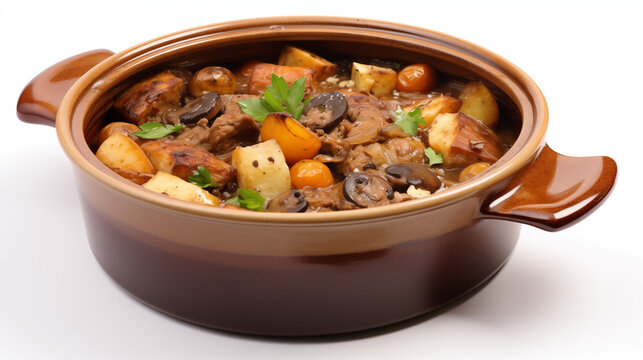 Casserole remplie d'un plat mijot&eacute; avec viande, carottes et pomme de terre : Baeckeoffe, plat traditionnel d'Alsace en hiver