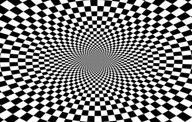 Naklejka premium Geometryczne ruchome kwadraty - iluzja optyczna, złudzenie. Kolisty graficzny układ kwadratów w kolorach czarnym i białym zbiegających się w centrum - szachownica, tło