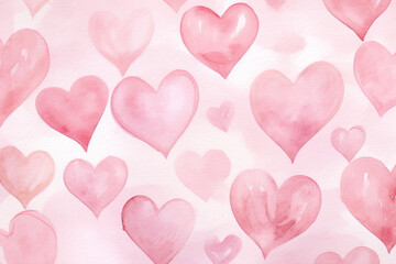 Cute pink painted watercolor hearts on pink background. Valentine's Day design.