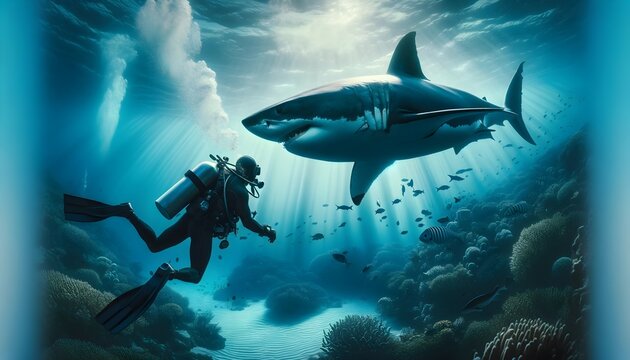 Underwater photo, diving with great white shark, animal and wildlife background, wallpaper