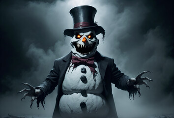 Spooky scary snowman. Horror in the north pole: when the snowman turned evil - obrazy, fototapety, plakaty