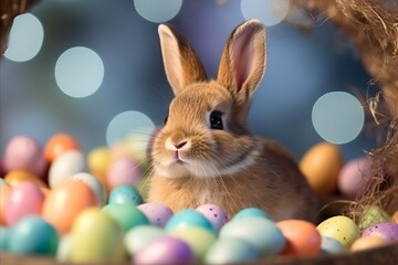 Easter rabbit with painted easter eggs