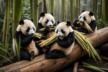 Pandas eating sugar cane on a wooden log