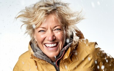 Mid-shot portrait photography of a smiling mature woman in her fifties wearing a windbreaker against white pearl background. happy mature woman wearing a lightweight windbreaker. Generative ai - obrazy, fototapety, plakaty