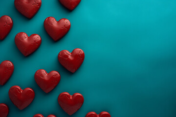Obraz premium Cute little ceramic hearts on turquoise background. Red and green composition. Valentine's Day background. 