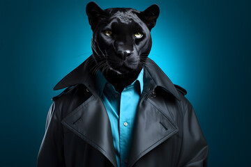 Sleek Panther with Detective's Trench Coat Portrait. Generative AI illustration