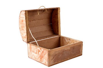 open wooden chest with front view isolated on white background.