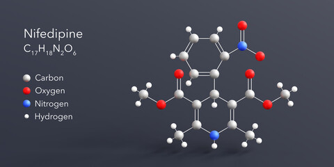 nifedipine molecule 3d rendering, flat molecular structure with chemical formula and atoms color coding