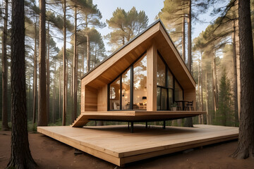 A triangular wooden tiny house with a terrace in the pine forests
