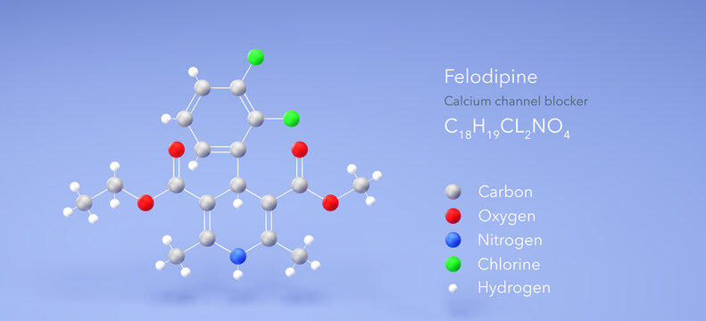 felodipine molecule, molecular structures, calcium channel blocker, 3d model, Structural Chemical Formula and Atoms with Color Coding