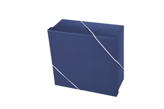 beautiful blue gift box with closed lid with side view and space for text on white background