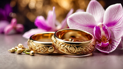 Two gold rings on a background of beautiful flowers wedding