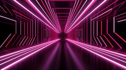 A corridor with black bars and pink and white light behind it, in the style of optical geometry, 8k 3d, strong diagonals, neon lights, minimalist stage designs, zigzags, neon and fluorescent light 